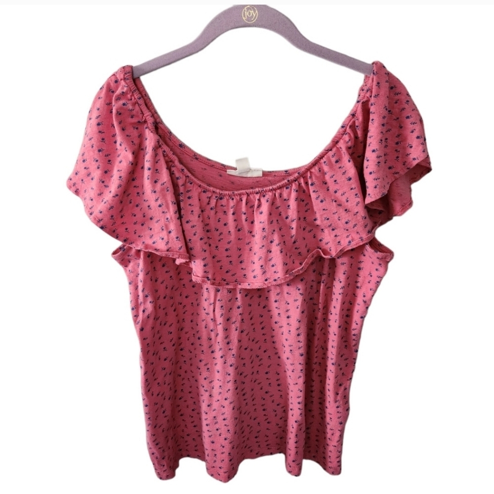 Style & Co Western Black Red Dainty Floral Ruffle knit cottagecore blouse top M